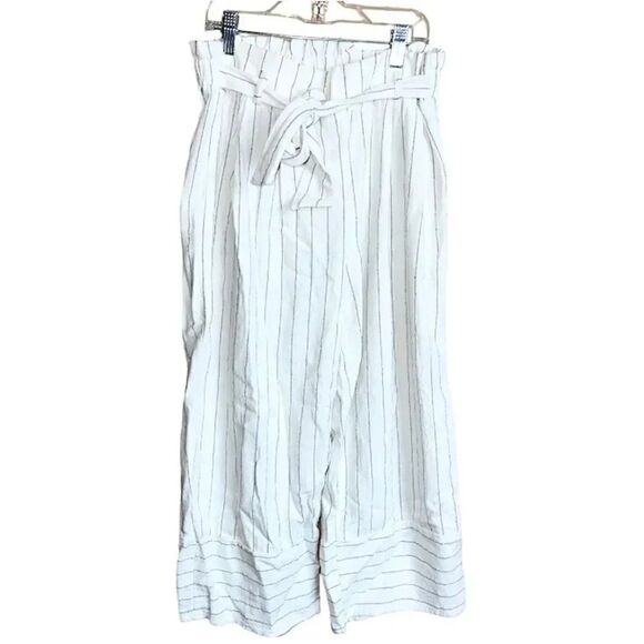 Urban Romantics White Striped Paperbag Waist Linen Wide Leg Cropped Trouser Pant - Picture 2 of 8